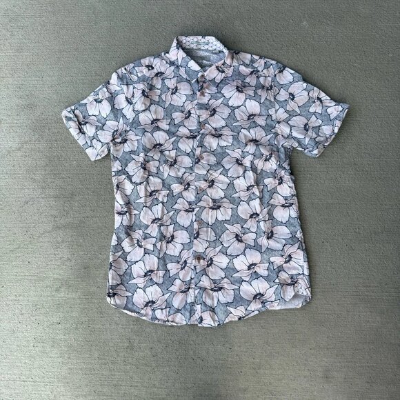 Ted Baker London Floral Short Sleeve Button Shirt Size 3 (M) Pink Gray Cotton - Picture 1 of 5